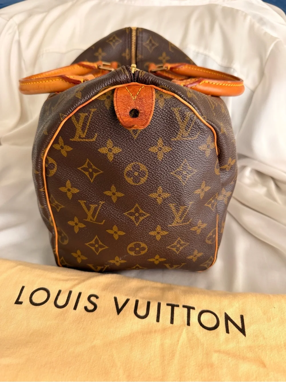 Louis Vuitton Brown Monogram Speedy Bag 30 with Tan Leather Trim